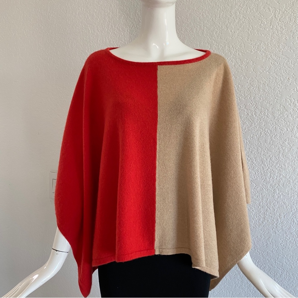 C.Z. Falconer red beige color block cashmere poncho